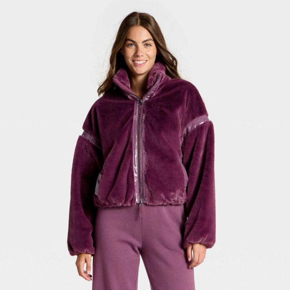 Women's Faux Fur PU Trim Jacket - JoyLab XS Plum Purple